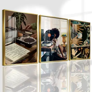3 Counts Aluminum Alloy Framed Painting, Retro Vinyl Record Player Art Pictures, Home Decoration For Living Room, Bedroom, Office, Restaurant, Hallway Wall Decor, Odorless Print Artwork, Luxury Perfect Gift For Friends And Family