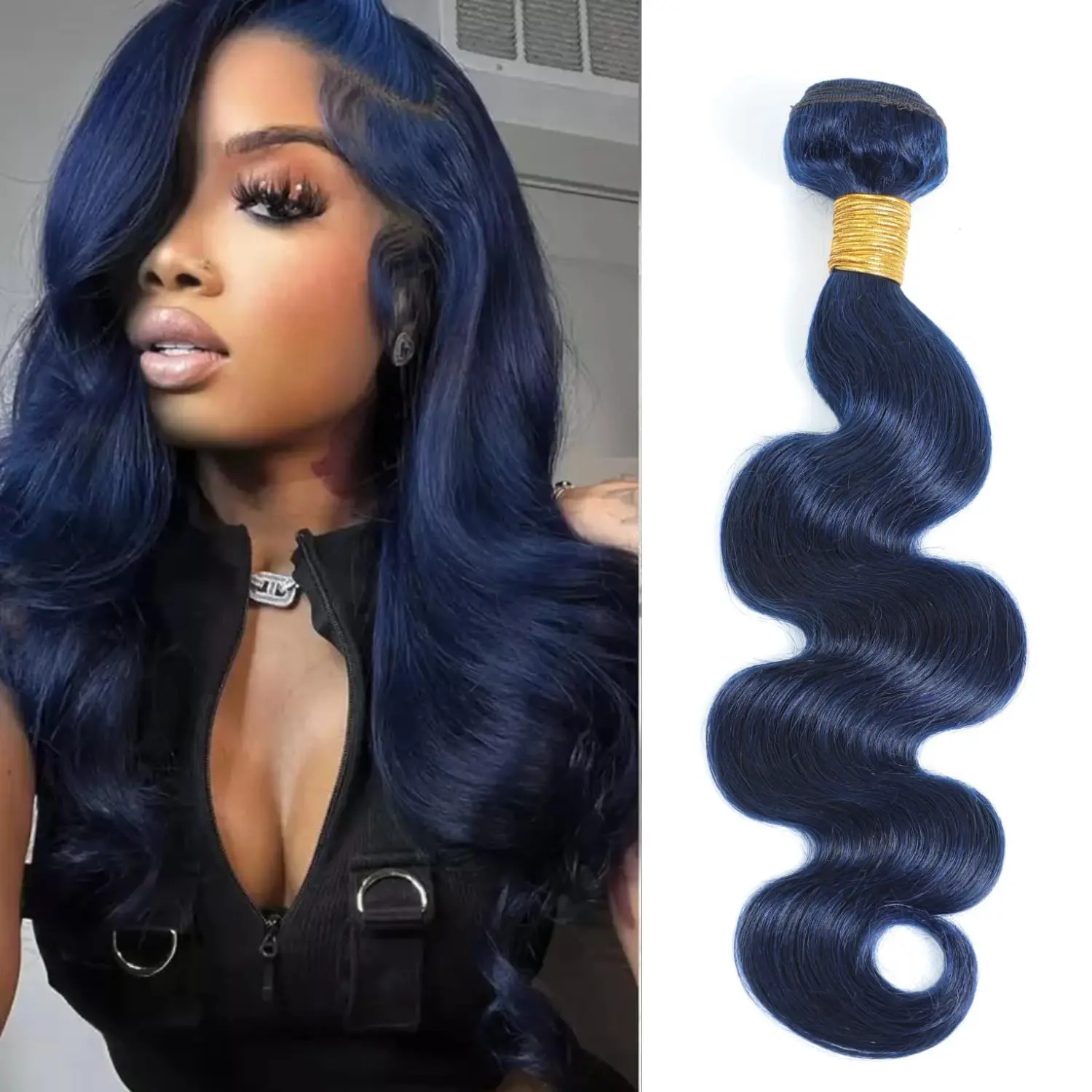 ALHER Dark Blue Bundles Body Wave Human Hair 24 Inch, 12A 100% Brazilian Virgin Hair Black and Blue Single Bundle Soft and Thick Wavy Perfect for Quick Weave Sew-In Styles