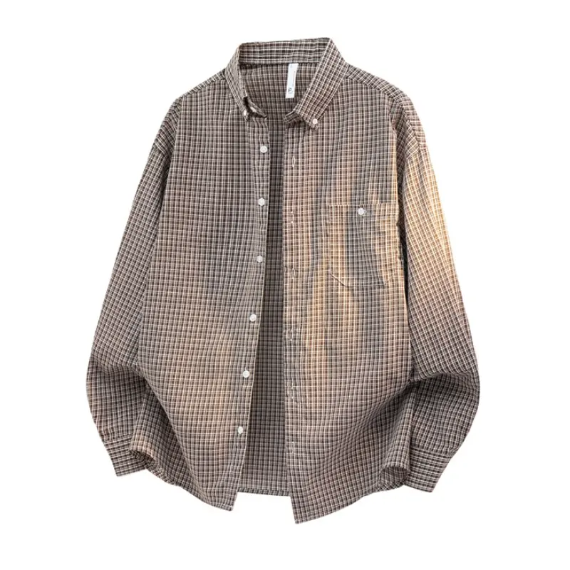Men's Blue Checked Button-Front Long-Sleeve Shirt - Menswear Collegiate Casual Layering Top, Breathable Fabric for Spring/Autumn Commuting, Couple-Matching Collared Shirt
