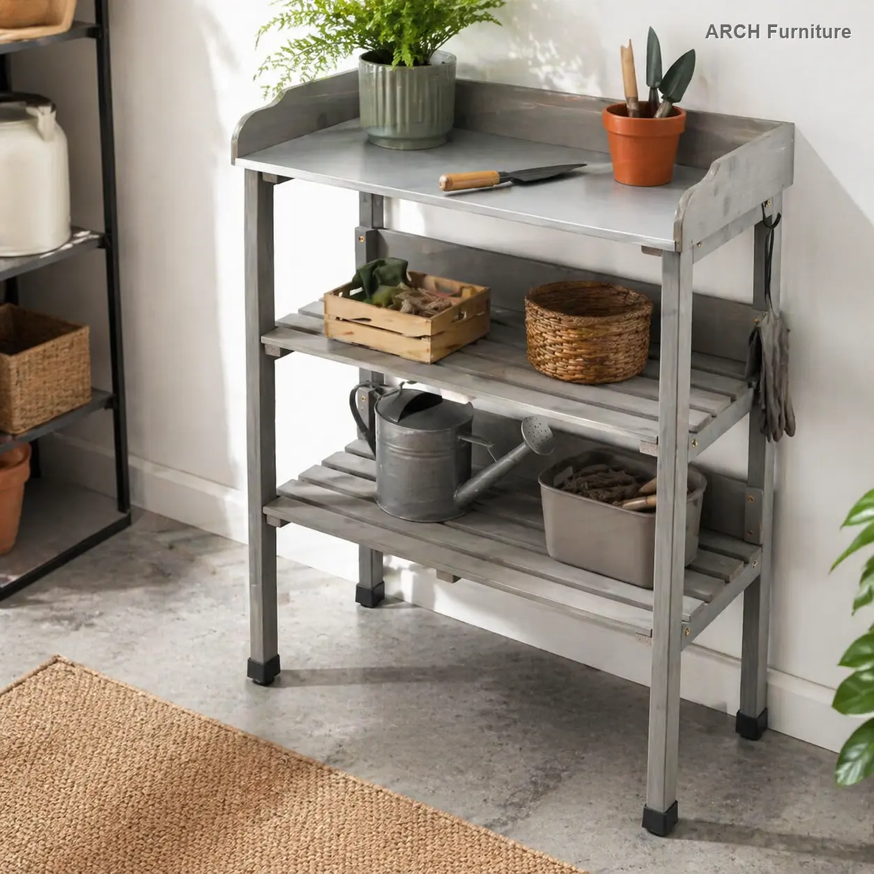 30″x14.5″*35.5″ Potting Table w/Metal Tabletop, 3 Layers Outdoor Work Bench w/Hook for Garden, Solid Wood Workstation for Garage, Adjustable Feet, Quick Set-Up, Three-Tiered