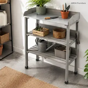 ARCH 30″x14.5″*35.5″ Potting Table w/Metal Tabletop, 3 Layers Outdoor Work Bench w/Hook for Garden, Solid Wood Workstation for Garage, Adjustable Feet, Quick Set-Up, Three-Tiered