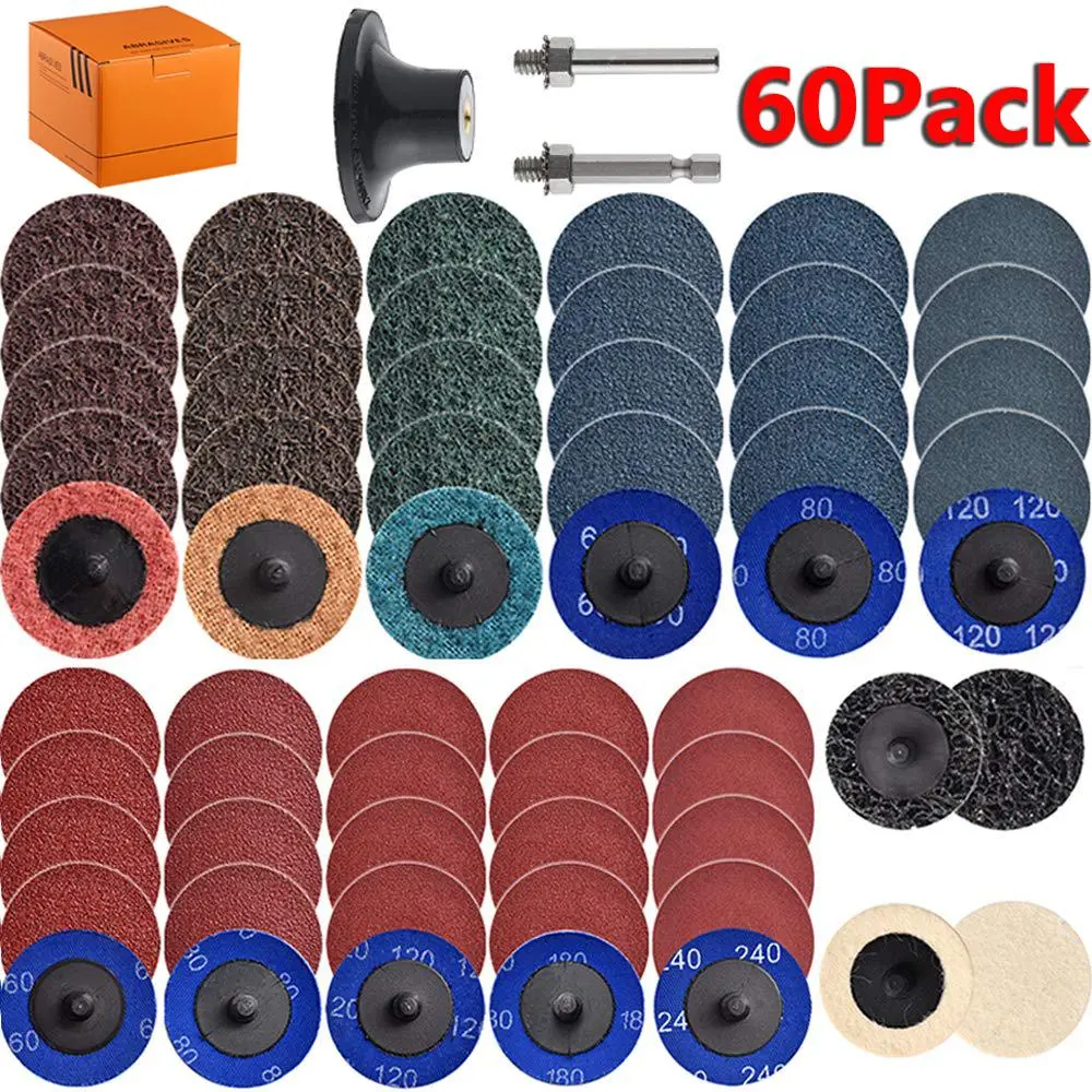 2 Inch Sanding Disc Comprehensive Kit (60pcs/set), Abrasive Kit for Power Tools, Sanding Disc with 1/4 Inch Shaft, Quick Change Sanding Disc, Quick Change System, Power Tool Accessories for Surface Conditioning Burr Rust Paint Removal