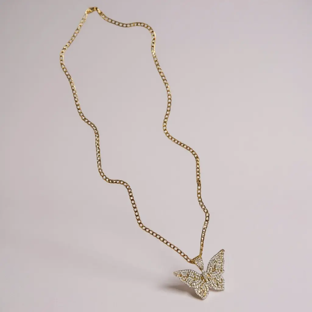 Didiray 14K Gold Plated 22-inch Cuban Link Chain with CZ Stone Filled Butterfly Pendant Hypoallergenic Luxury Finish Casual Fashion Jewelry