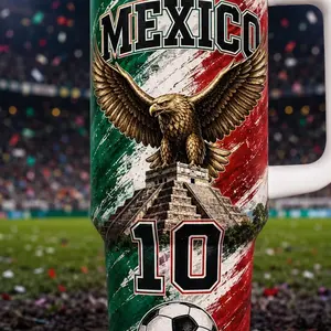 Personalized Mexico Soccer 40oz Tumbler with Handle, Number 10 Football Fan Gift, Mexican Eagle Pyramid Travel Mug, Game Day Drinkware