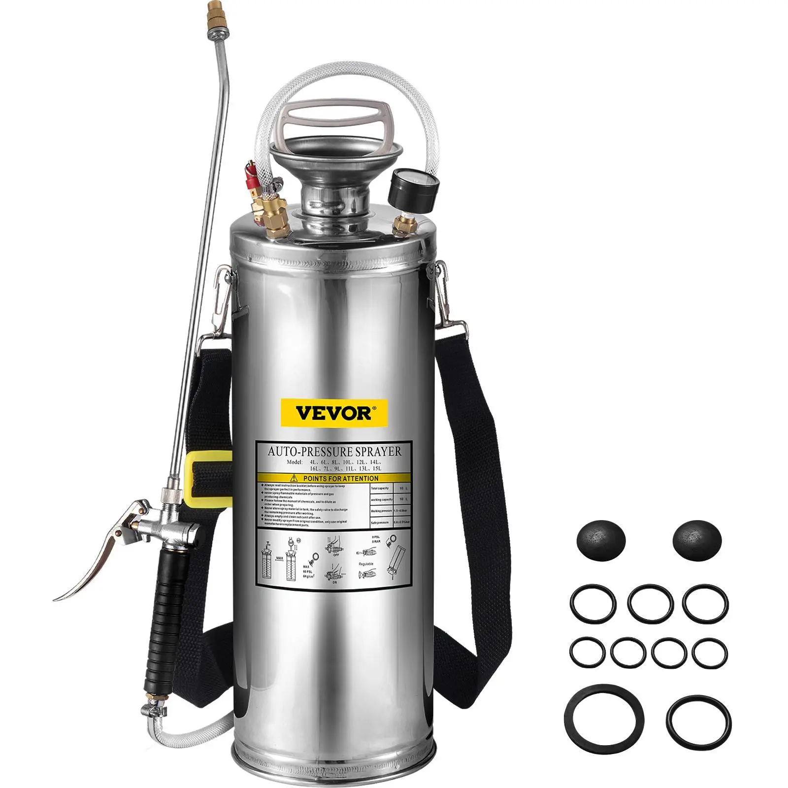 VEVOR 3 gal Stainless Steel Hand Pump Sprayer Watering Set - Pressure Gauge, Safety Valve, 20" Wand, Handle, 3FT Reinforced Hose, Adjustable Fine Mist Nozzle, Durable, Convenient for Filling Water, Ideal for Outdoor Lawn, Yard, Disinfection