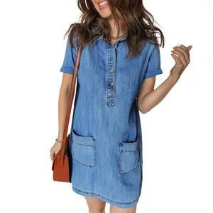 Sidefeel Women's Denim Dress Short-Sleeve Henley Neck Casual Denim Dress with Pockets
