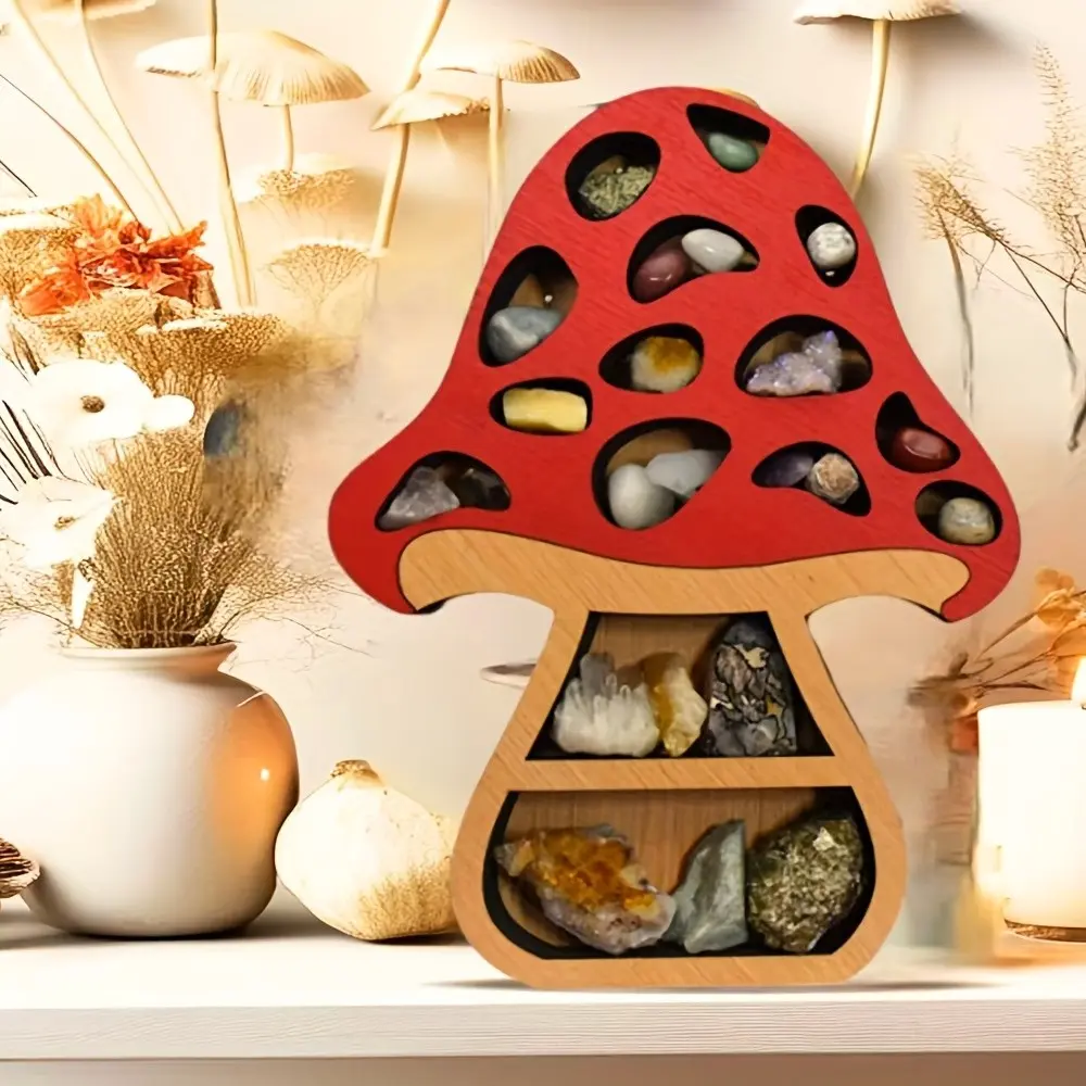 Mushroom-Shaped Wall-Mounted Crystal Storage Rack, Wooden Craft Organizer, Creative Home Decor, Multifunctional Display Shelf, Wall Mountable, Organizing