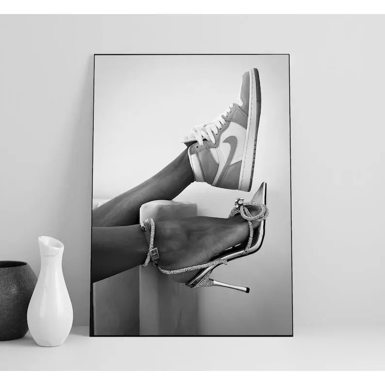 Heels and Sneakers Print, Black And White, Hypebeast Decor, Sneaker Wall Art, High Fashion Poster (No Frame)