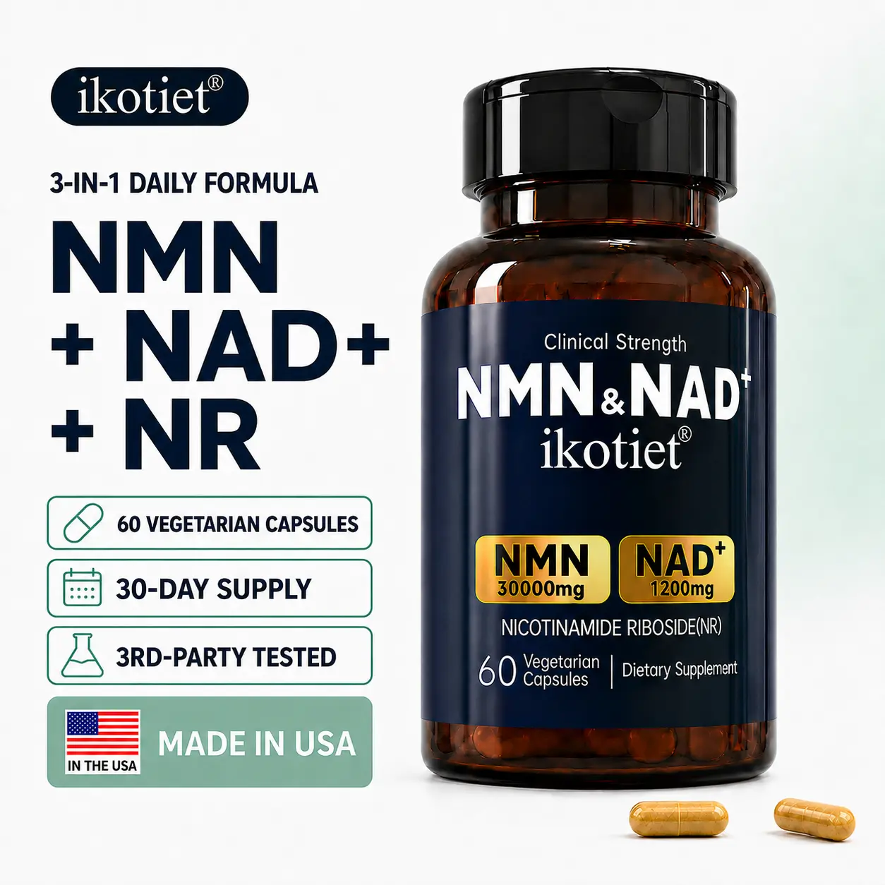 ikotiet NMN + NAD+ & NR 300mg Niacinamide Dietary Supplement - Enhances cell vitality; beauty and youth supplement for men and women, delays aging and promotes healthy vitality, metabolism, and collagen production. 60 capsules (30-day supply).