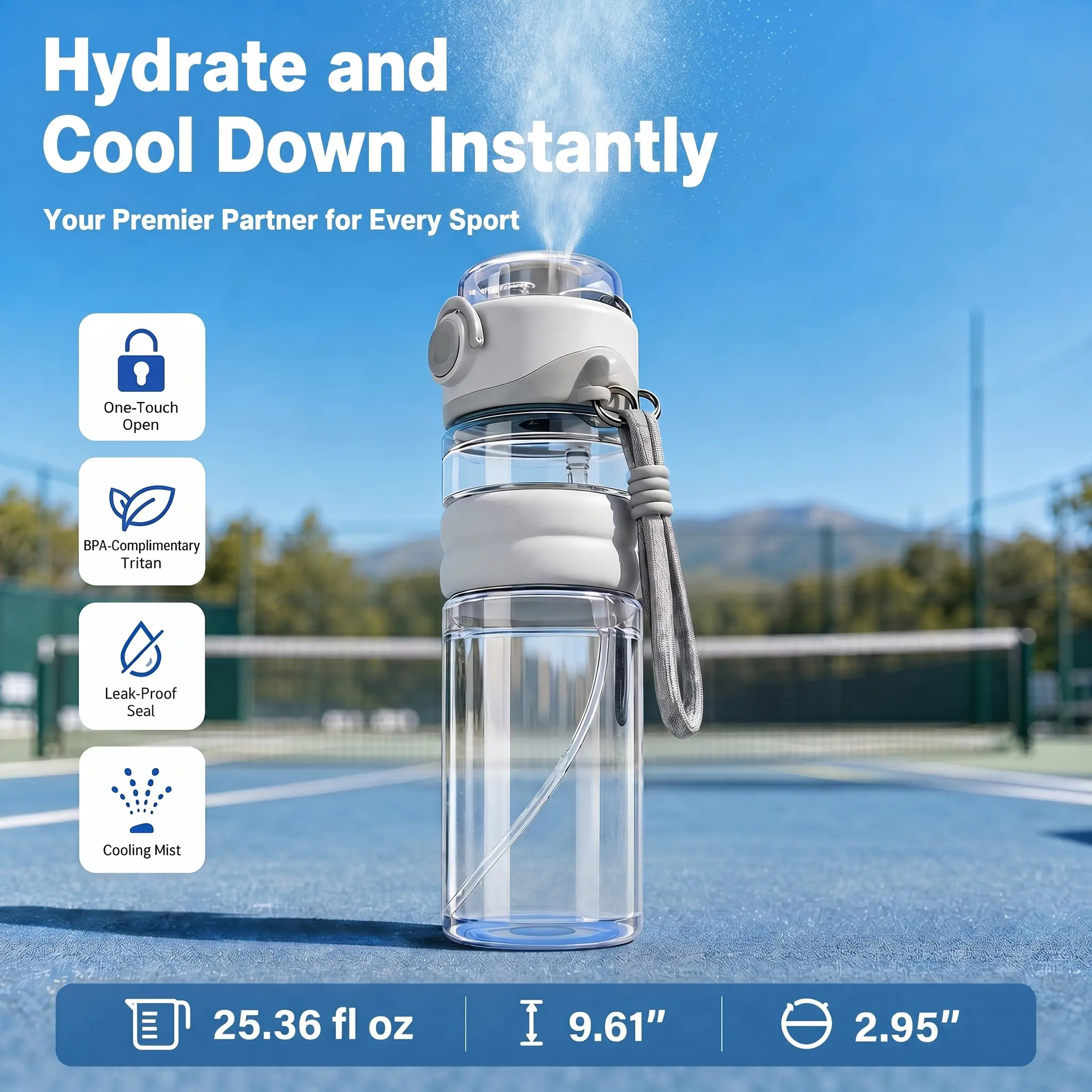 25oz Misting Water Bottle with Spray Fan, BPA-Free Tritan Sports Water Bottle, Leakproof One-Button Mist Spray Bottle for Gym, Outdoor, Running & Summer Cooling