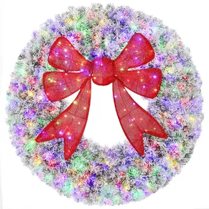 Sixty inch snow flocked pre lit christmas wreath with three dimensional red bow eleven light modes remote control design for front door outdoor holiday festive decoration