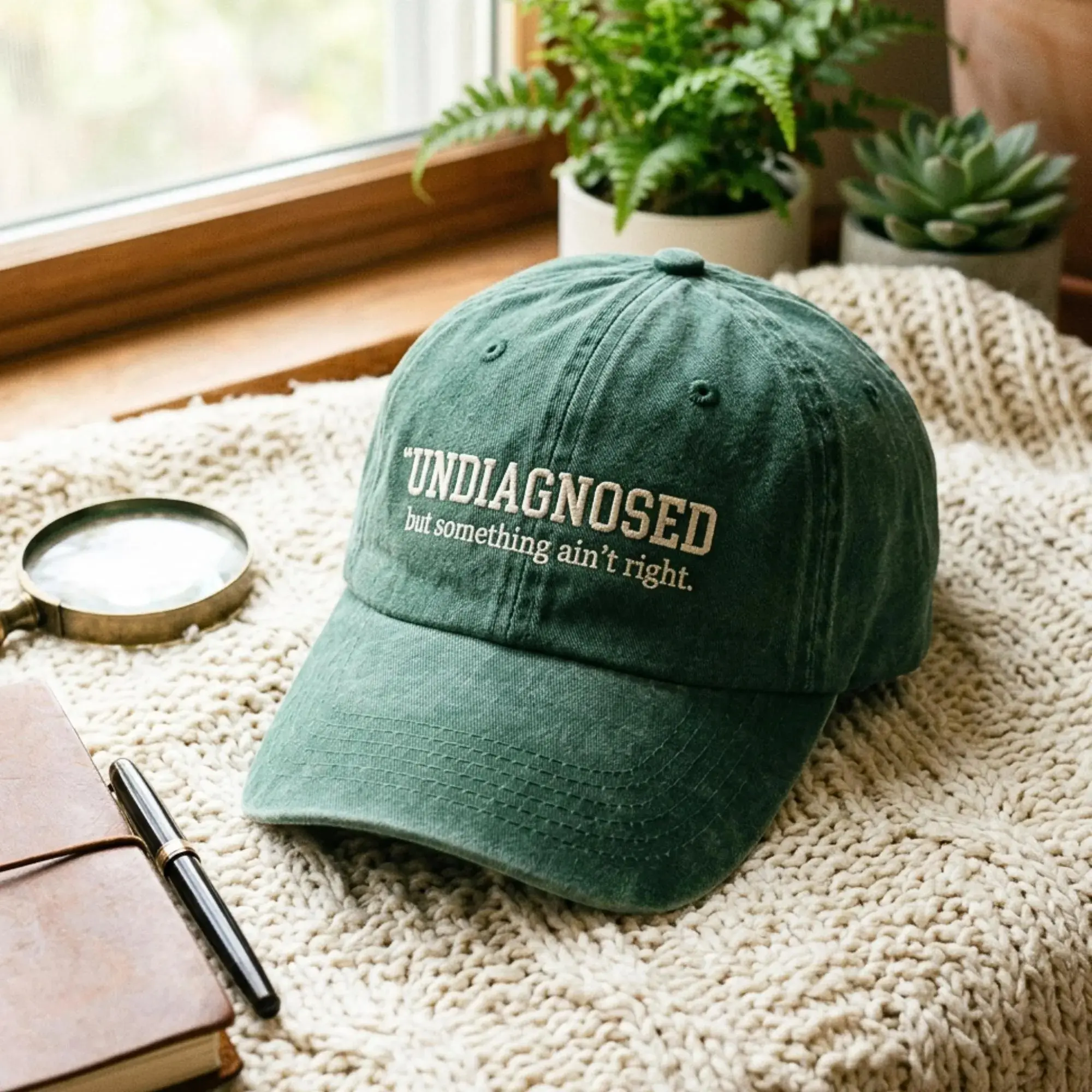 Washed Cotton Cap: "UNDIAGNOSED but something ain't right." Embroidery