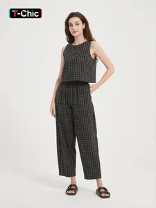 Women's Gingham Print Sleeveless Tank Top & Wide Leg Pants, Casual Two-piece Set for Spring & Fall, Women's Clothes for Daily Wear, Womenswear, Cute Two Piece Sets