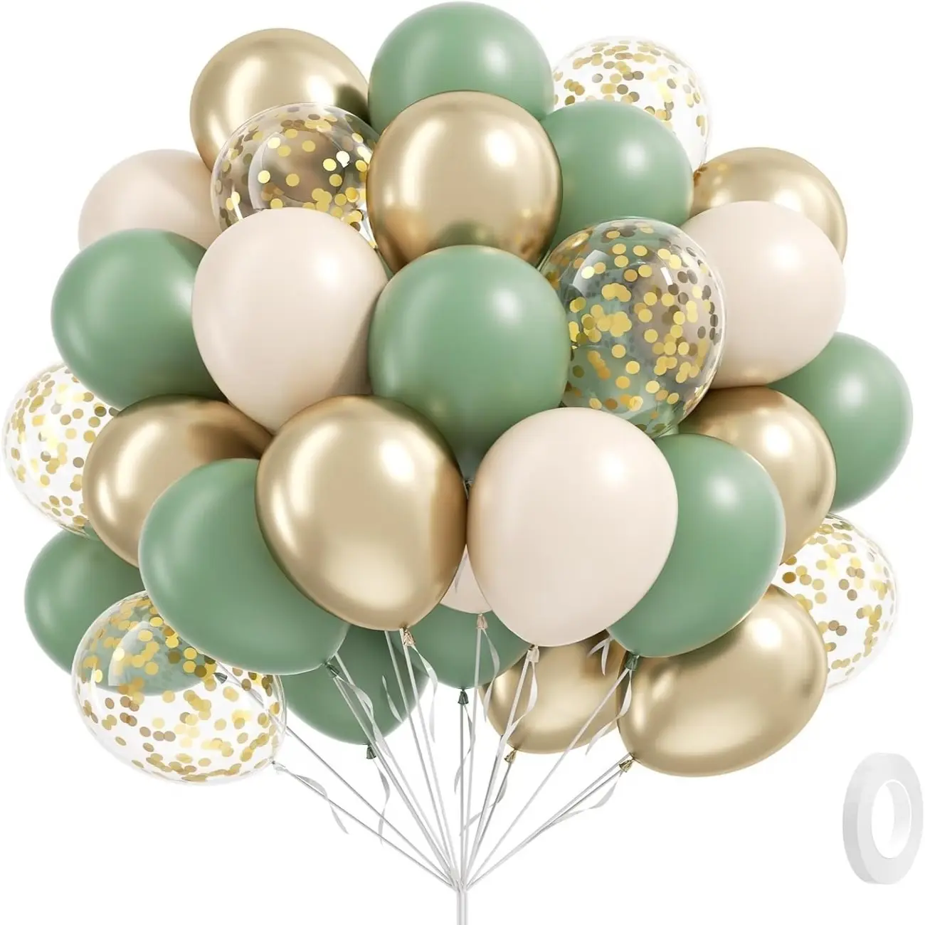 60pcs Sage Green Balloons Balloon Set 10/12inch Green Sand White Metallic Golden Confetti Balloons for Boho Birthday Wedding Bridal Shower Engagement Party Decorations Balloon Arch Decoration