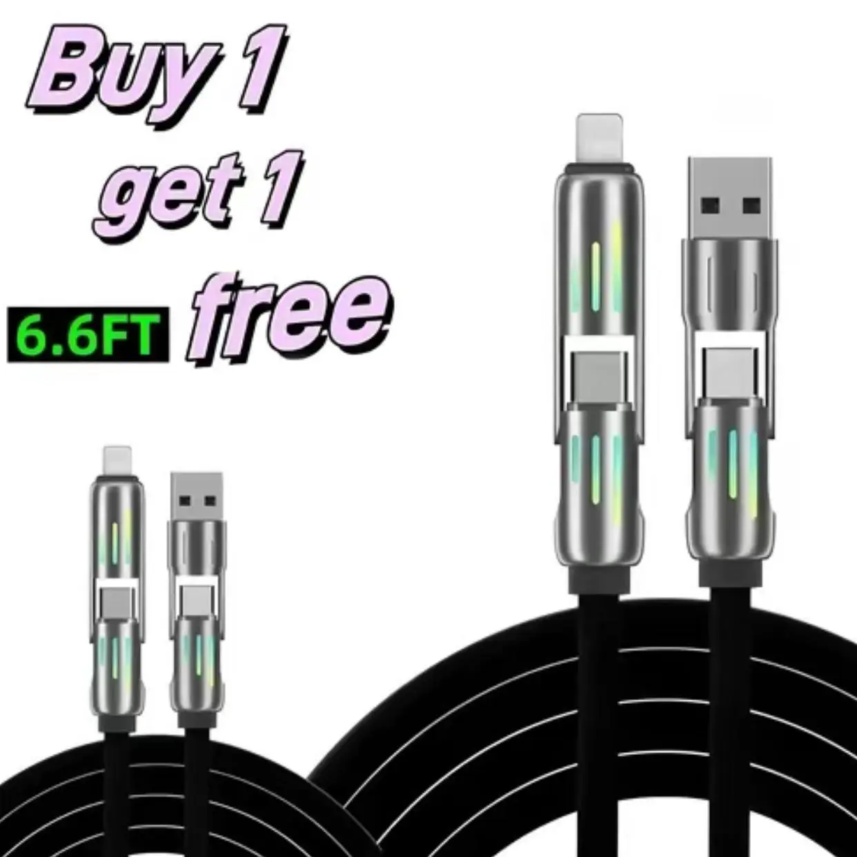 Buy 1 Get 1 Free Car Accessorie 4-in-1 USB-C Cable 6.6FT Fast Charging Data Sync USB-A Type-C Lightning Aluminum Compatible outdoorfun Summervibes