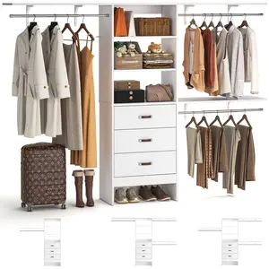 iSunirm 8FT Closet System, 96'' Closet Organizer System with 3 Hanging Rods, Wall Mount Bedroom Wardrobe with 3 Drawers Walk-in Closet, Adjustable Cloth Garment Rack from 5 to 8FT (Cut to Fit)