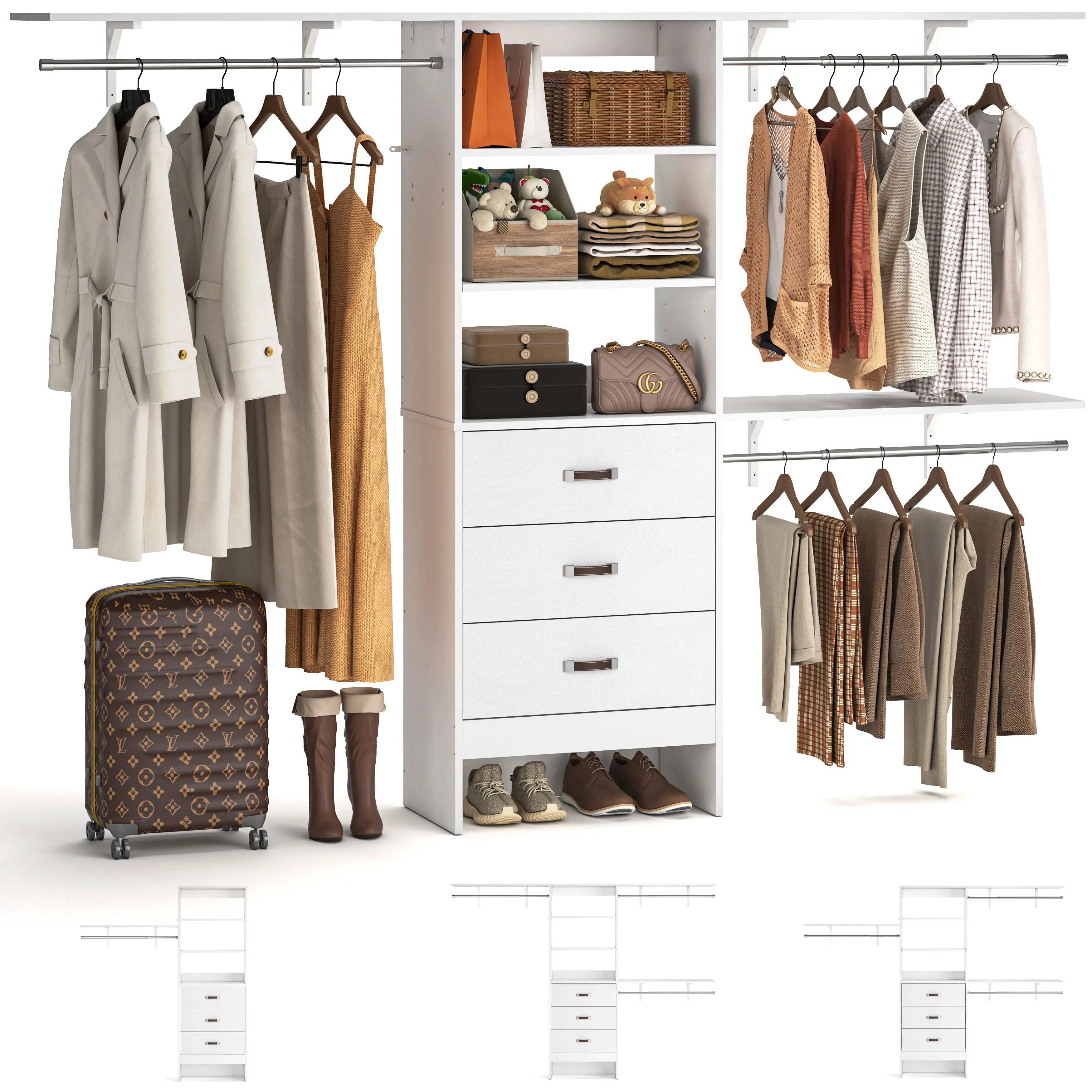 iSunirm 8FT Closet System, 96'' Closet Organizer System with 3 Hanging Rods, Wall Mount Bedroom Wardrobe with 3 Drawers Walk-in Closet, Adjustable Cloth Garment Rack from 5 to 8FT (Cut to Fit)