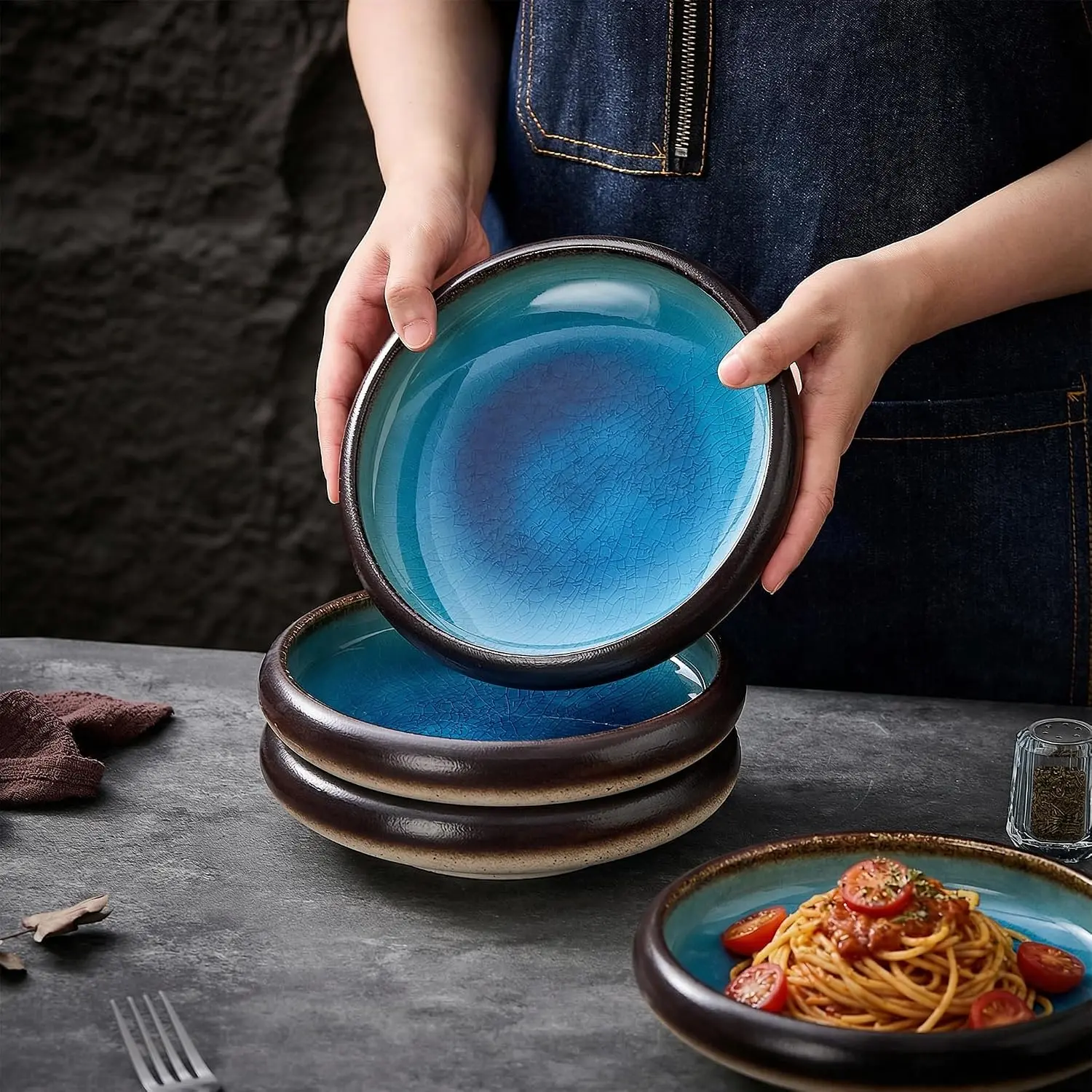 1 Pack Ceramic Pasta Bowls, Round Stackable Dinner Plate Safe for Oven Microwave Dishwasher for Steak Pasta Salad Home Kitchen Food Serving
