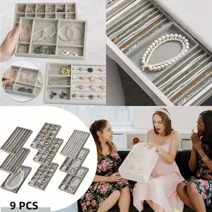 Set Of 9 Jewelry Tray Set, Stackable Velvet Jewelry Organizer Tray, Mini Jewelry Drawer Organizer, Drawer Inserts,Earring Organizer for Women Christmas And Halloween Gifts for Mother