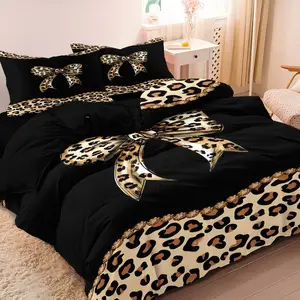 3pcs Fashion Leopard Bow Print Decorative Duvet Cover Set, 1 Duvet Cover + 2 Pillowcases (No Pillow Inserts), High-Definition Print For Home & Dorm, Dorm Essentials, Bedroom Bedding Set, Trendy Design, Machine Washable, Bed Sets
