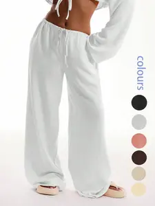 Women's Solid Pocket Pants, Casual Comfy Wide Leg Trousers for Beach Vacation Holiday, Ladies Bottoms for All Seasons, Baggy Legged Pants