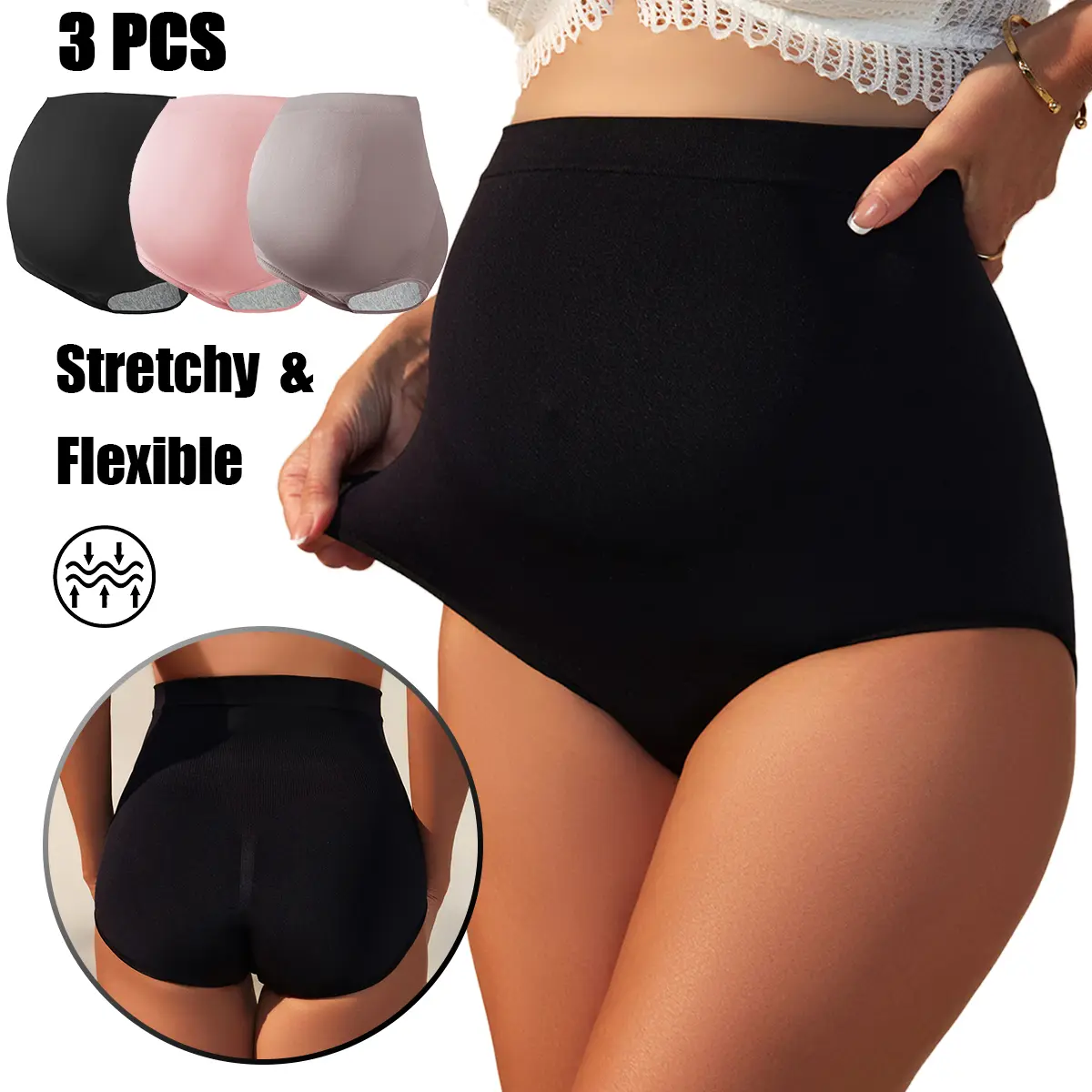 Women's 3-Pack High Waist Seamless Maternity Briefs - Maternity Clothing, Polyamide Blend, Full Belly Support, Soft, Lightweight, Tagless, Full Coverage, Drawstring for Pregnancy & Postpartum Wear, Sexy