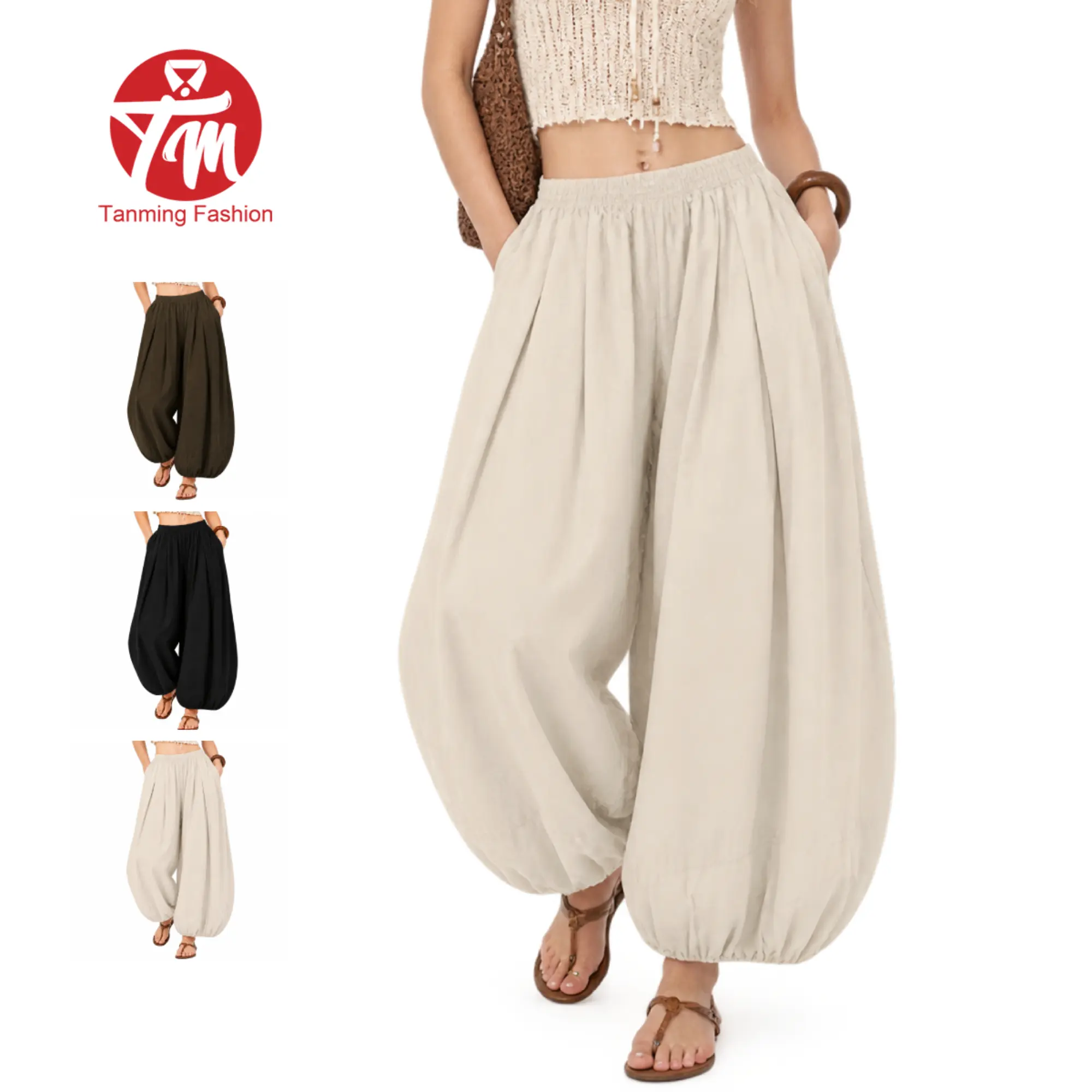Tanming Womens Relaxed-Fit Balloon Pants - Pleated High-Waisted Lantern Trousers Cinch-Hem Wide-Leg Bottoms - Spring Summer Fall Winter Daily Casual Commute Office School Shopping Outdoor Travel Streetwear Outfits