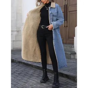 Women'S Long Fleece-Lined Denim Jacket, Elegant Single-Breasted Design, Perfect For Winter