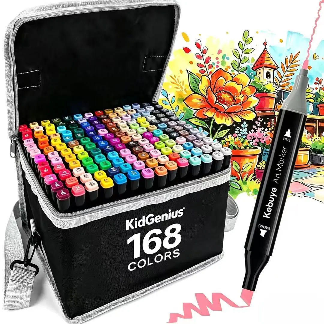 KIDGENIUS Professional Dual Tip Alcohol Markers Set, 262/168/120 Blendable Vibrant Colors, Fade-Resistant Waterproof Ink, Art Supplies with Carrying Pouch for Adults & Artists, Ideal for Fine Art Illustration & Advanced Art Creation