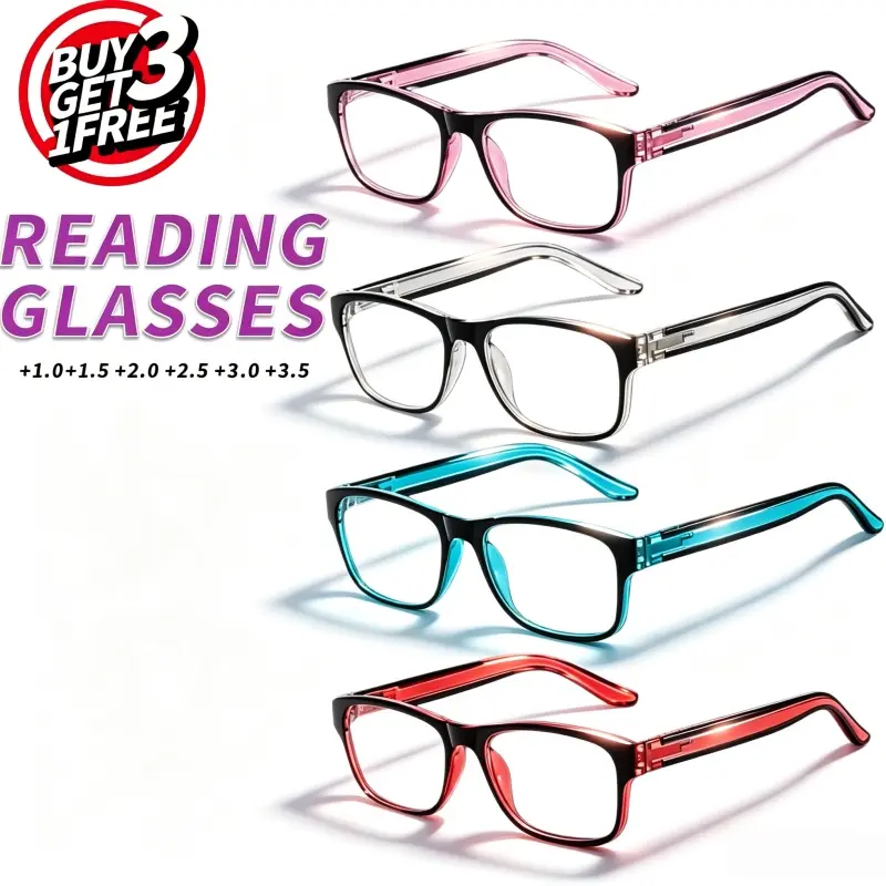 4-Pack 2-Tone Temple Square Reading Glasses Set, Anti-Blue Light Clear Lenses, +1.0~+3.5 Diopters Lightweight Readers for Elderly Men Women Daily Use eyeglass
