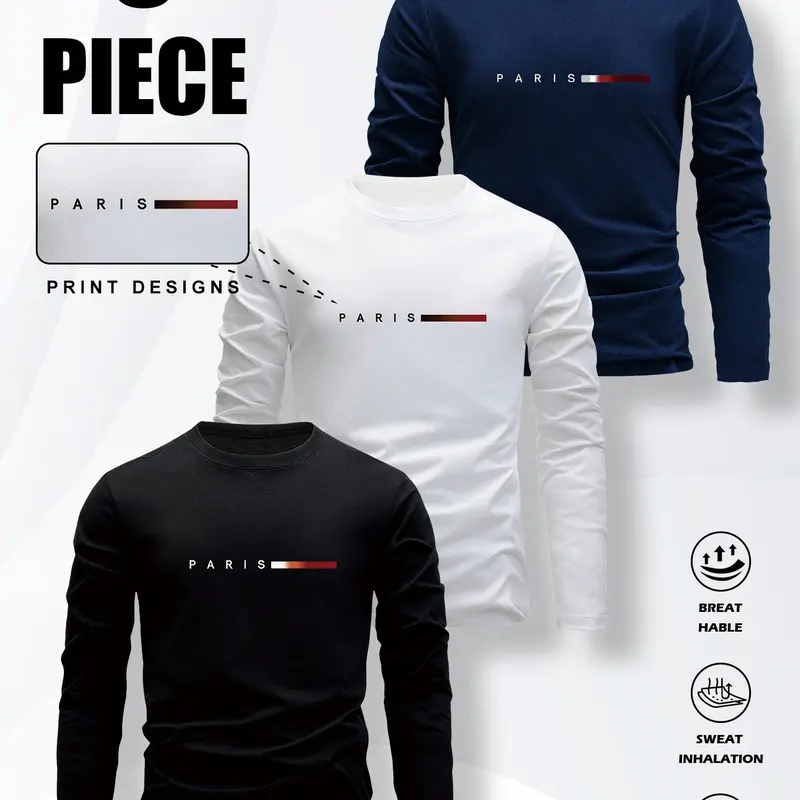 Men's 3-Piece Sports & Outdoor Wear Set - Long Sleeve Sports Top, Round Neck Daily Twill Letters Casual Fit T-Shirt, Suitable for Home & Dates,outdoorfun