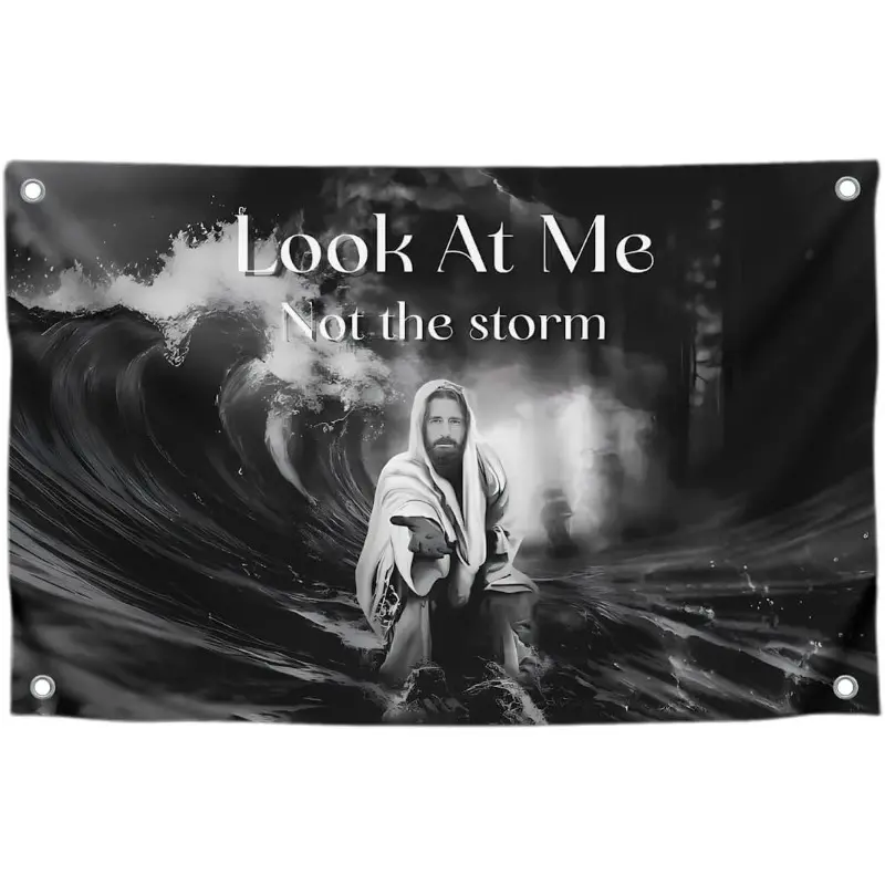 3x5 feet funny Jesus polyester flag "Look at me, don't look at the storm" with four grommets - Cool Christian religious theme wall decoration flag - Suitable as a tapestry for college dorms or an emoji banner/flag for the bedroom
