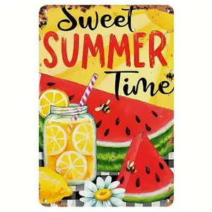 2D Flat, Vintage Summer Metal Wall Plaque - Lemonade & Watermelon Slices with Checkered Border & Sweet Summer Time Text - 8x12 Inch Retro Tin Sign for Home, Cafe, Bar Decor - Lemon, Daisy & Bee Motif - Durable Logo Board Gift, 2D Flat