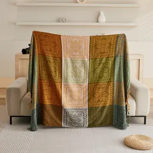 Colorful Bohemian Chenille Throw Blanket with Fringe, Vibrant Paisley Floral Design, Universal Sofa Cover, Suitable for Couches and Beds, Multi-Purpose Home Decor