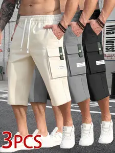 Set of 3 summer shorts — fashionable street-style casual Bermuda shorts with a relaxed fit, lightweight fabric, and large pockets—ideal for outdoor wear in summer and also suitable as gifts. Menswear Plain, Athletic, Drawstring tiktokshopspringglowup,summ