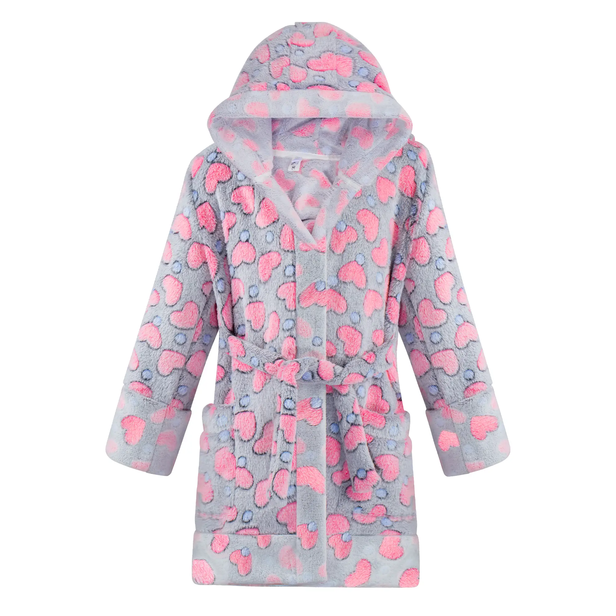 BIG ELEPHANT Kids Hooded Robe, Fleece Bathrobe for Girls and Boys with Two Side Pockets, Flannel Sleepwear Warm Printed Bath Robe for Christmas Gifts,