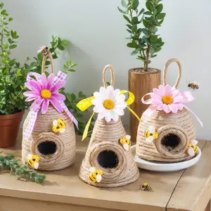 Spring Decorations, Country Style Beehive Honey Jar Ornament Set, Cute Summer Ornaments, Natural Beeswax Nest for Home Office, Summer Kitchen Table Decoration
