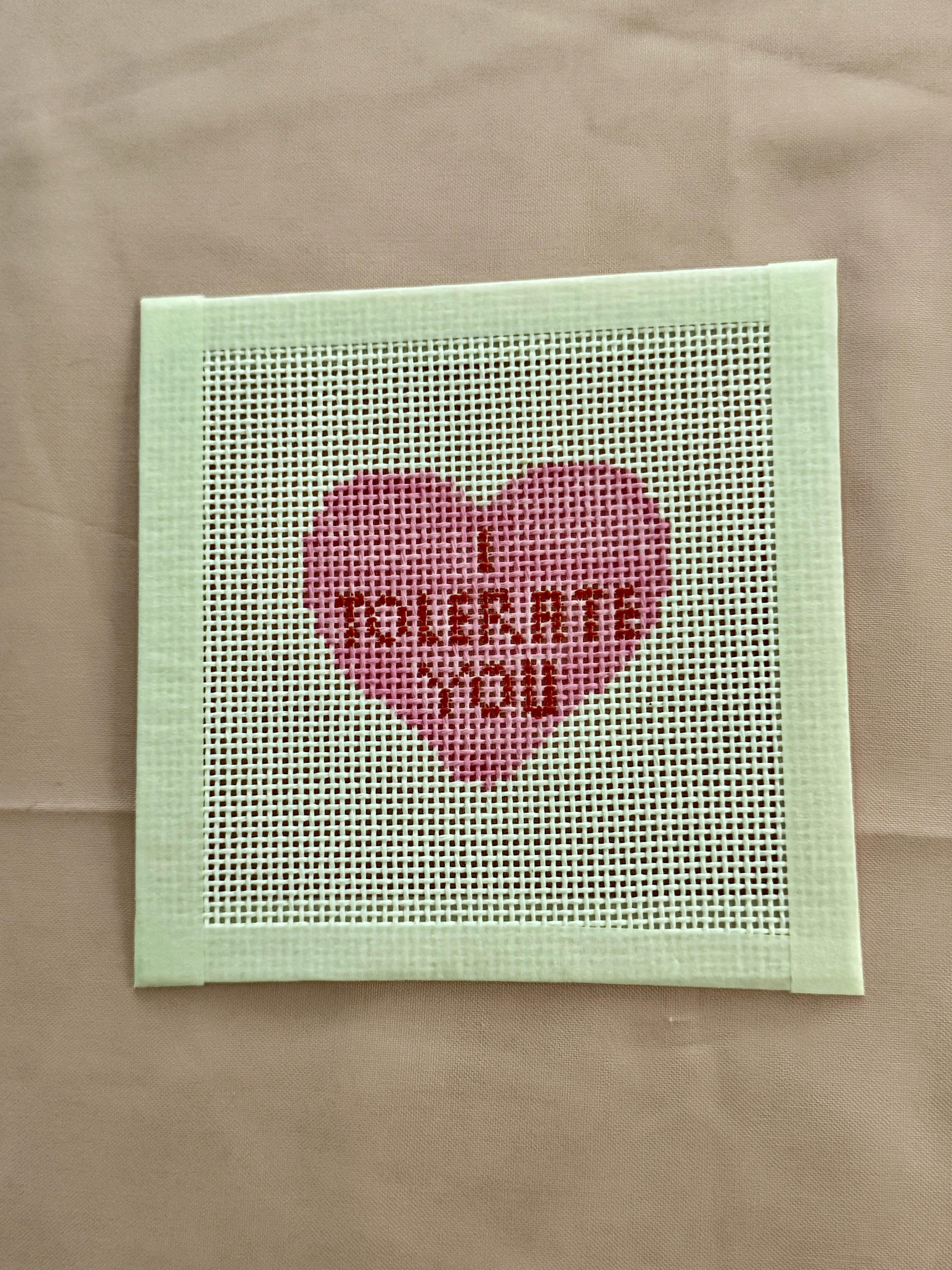 I Tolerate You Conversation Heart Hand Painted Needlepoint Canvas 6x6 Small Size Valentine's Day Gift