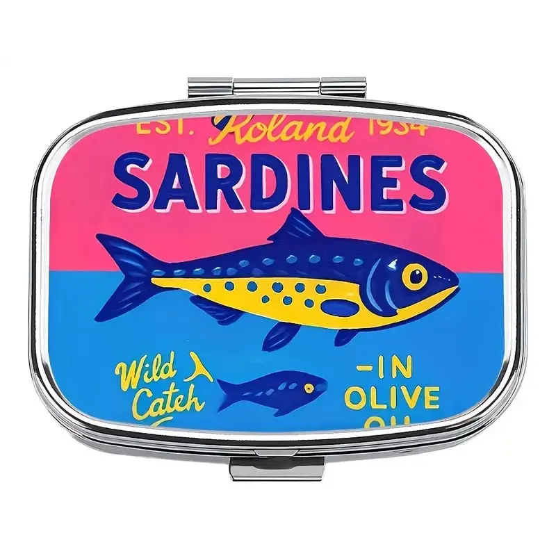 Retro Sardine Tin Print Pill Case & Small Jewelry Box, 2 Compartments, Portable Travel Organizer with Mirror for Women, Supplement Organizer, Vitamin Organizer