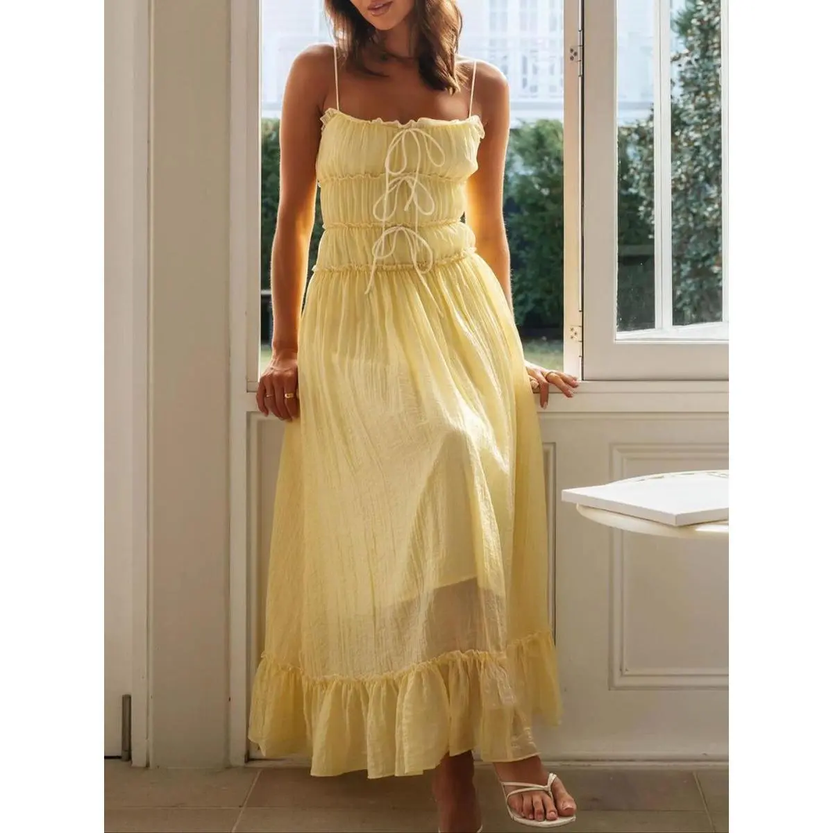 (New) Women's Sleeveless Contrast Binding Frill Trim Tie Front Cami Dress - Elegant Ruffle Hem Long, Adjustable Casual Summer Dress for Beach Holiday, Sports & Outdoor Womenswear, Machine Washable