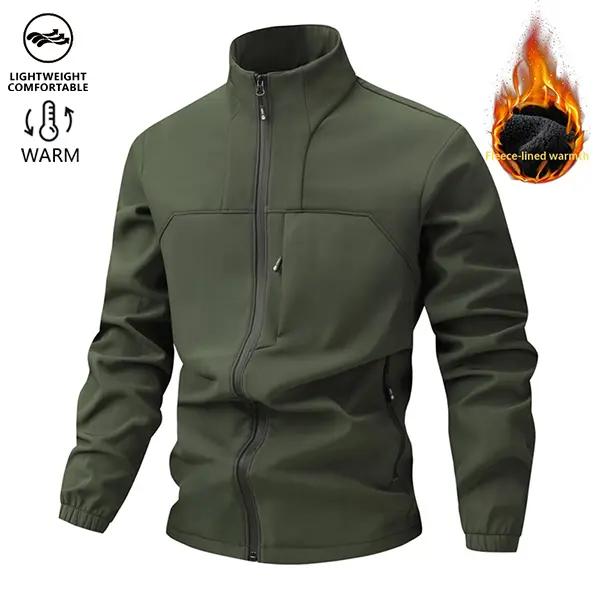 Men's Warm Fleece-Lined Softshell Jacket - Windproof & Waterproof Polyester Coat for Outdoor Hiking and Camping, 100% Polyester Men's Fleece Jackets, Fitted, Retro