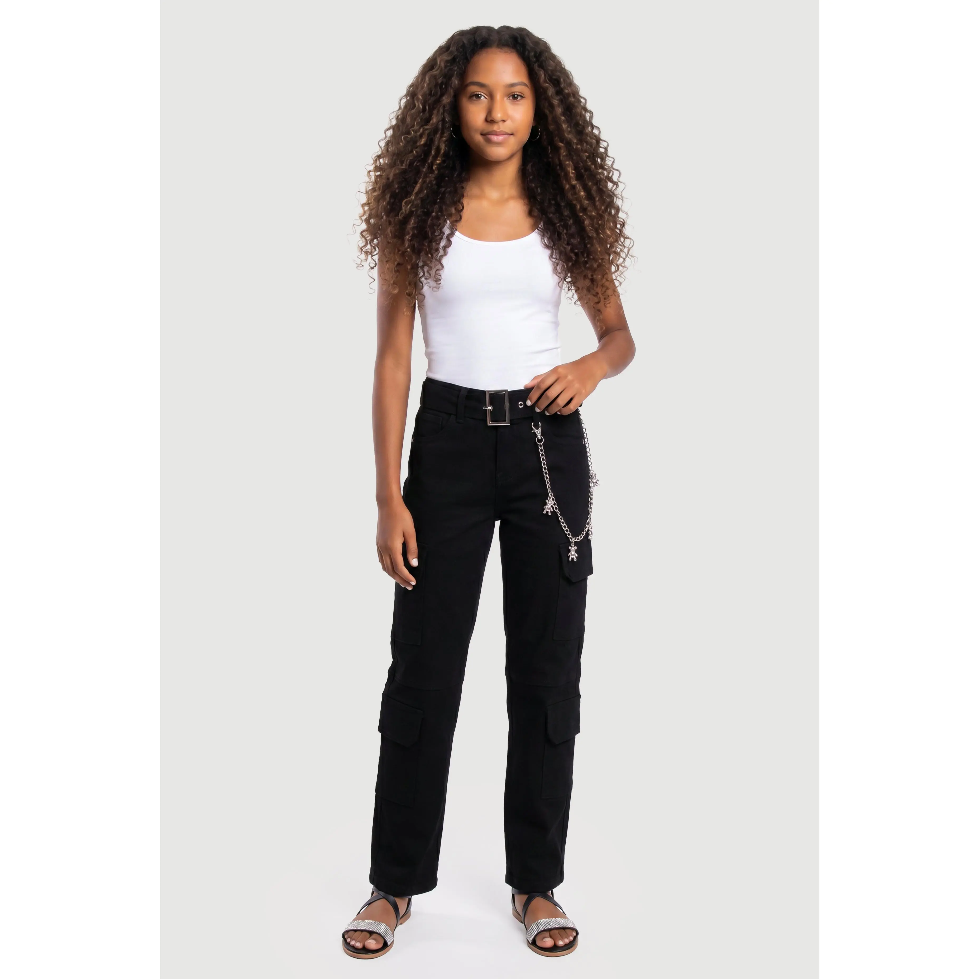 Girls Multi Pocket Cargo Pants with Bear Charm Chain