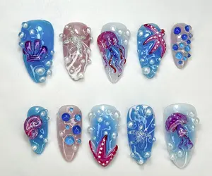 Deep Sea Themed Press On Nails | 3D Starfish & Seashell Nail Art | Mermaid-Inspired Nails | Luxury Marine Nails Euniqualandfair