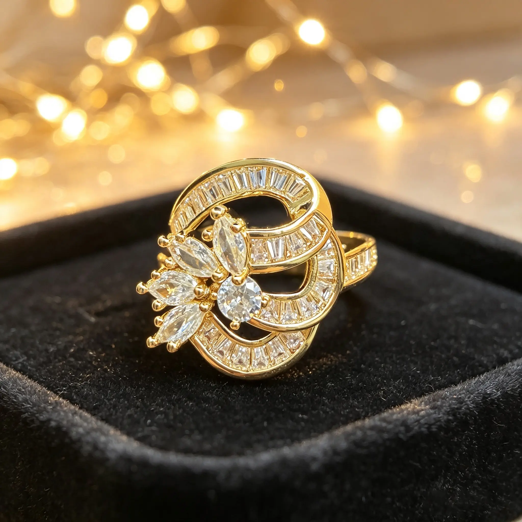 A vintage-style, multi-faceted cubic zirconia engagement ring with a graceful, three-dimensional twisted design—a gorgeous and exquisite bridal ring and a cocktail ring with a touch of luxury. The perfect gift for anniversaries and Valentine’s Day.