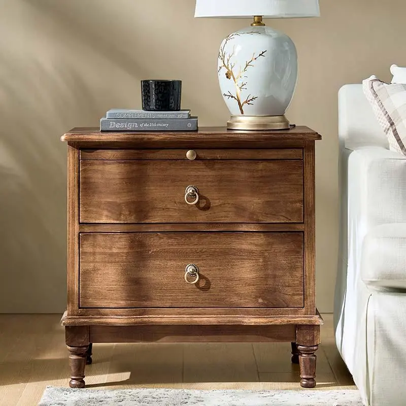 【Back to School】HULALA HOME Solid Wood End Table with Drawers and Charging Station, 2 Drawer Nightstand with Pull-Out Shelf, HULALA HOME Wooden Side Table with USB Ports for Living Room Bedroom Sofa Accent Table