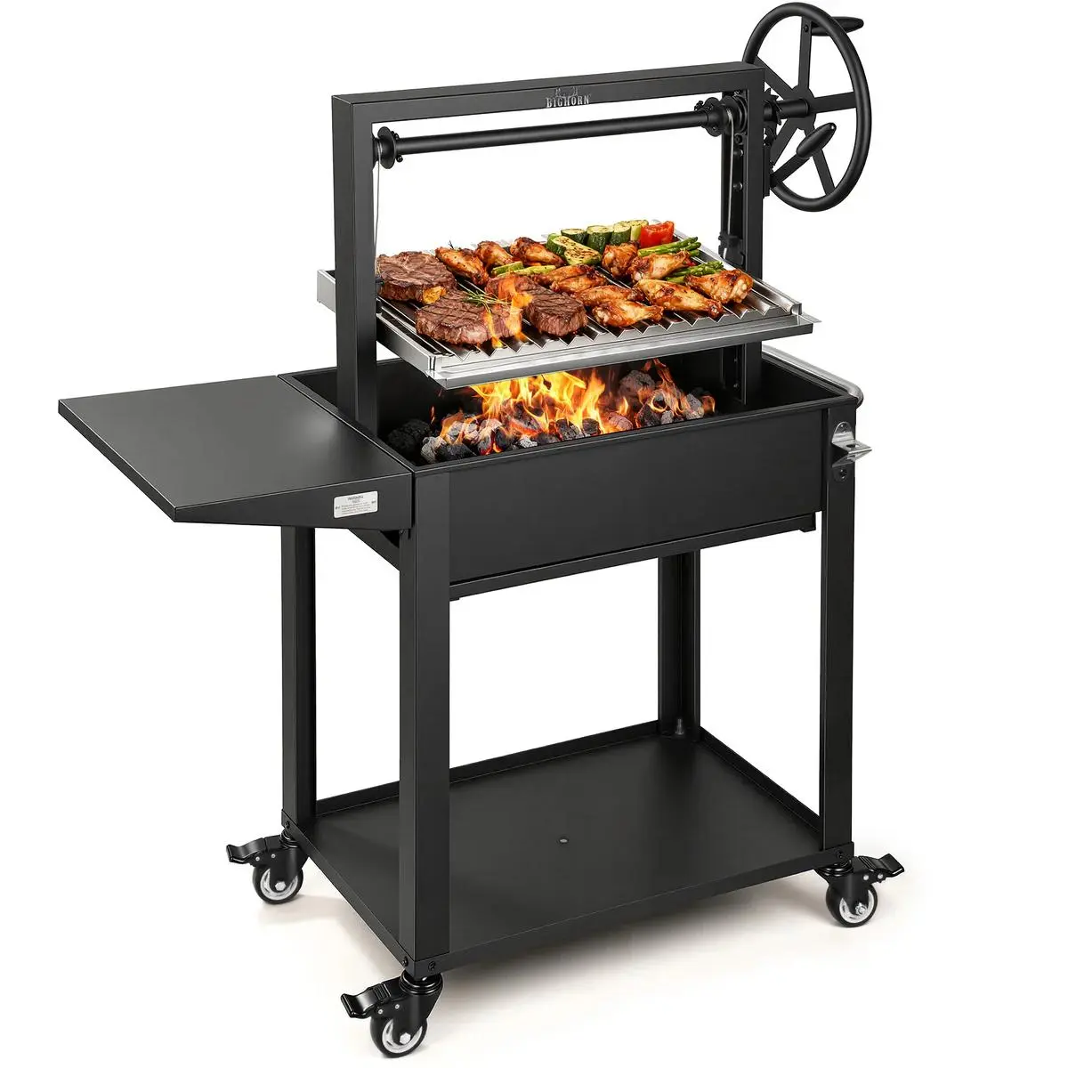 BIG HORN OUTDOORS Mechanical Argentine Santa Maria Style Charcoal BBQ Grill - Game Day Watch Party Freestanding Barbecue, Adjustable Height Open Fire Grill with Precision & Grease Control, Commercial-Grade Heavy-Duty for Backyard Cooking