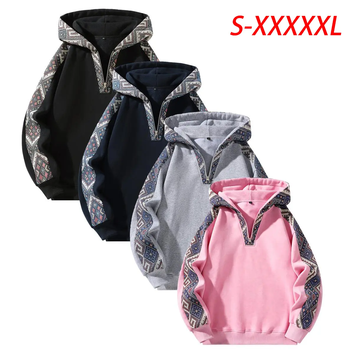 Men's Ethnic Pattern Multicoloured Quarter-Zip Hoodie - Menswear, Casual Fit Outerwear, Longsleeves Fashion Apparel Outfits, Streetwear Pullover Sweatshirt, Gifts for Him (Grey)Triple Extra Large S–XXXXXL