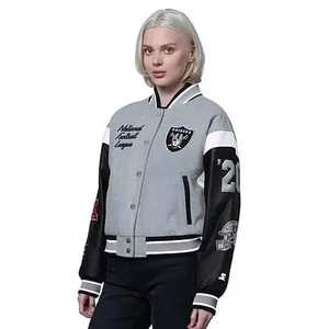 Football Fan Shop Officially Licensed NFL Starter Women's Cropped Varsity Jacket by Glll - Broncos