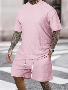 Men's Solid Short Sleeve Tee & Shorts Pyjama Two-piece Set, Casual Comfy Round Neck T-shirt & Shorts Set, Men's Sleepwear & Loungewear Pajamas for All Seasons