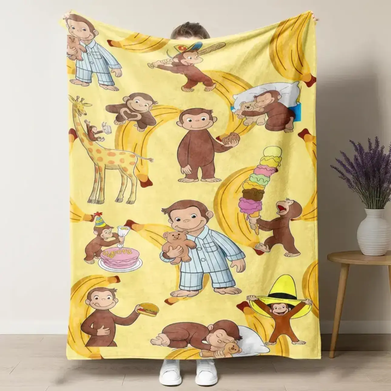 Curious George Banana Theme Throw Blanket, Cute Monkey Character Graphic Blanket, Fun Cartoon Soft Cozy Throw for Kids, Bedroom Decor, Living Room Couch Sofa Blanket, Home Essentials Gift for Children Family Fans